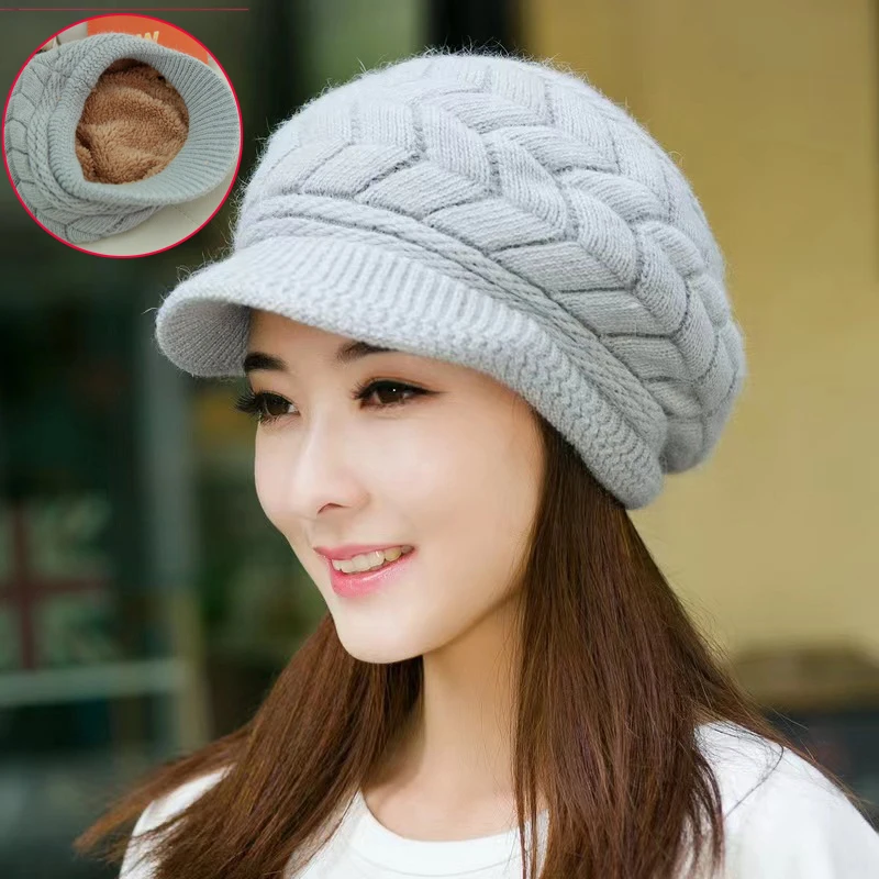 Women's Hats Winter Warm Knitted Hat Rabbit Hair Double Layer Plus Velvet Cap Visor Beanies For Women Casual