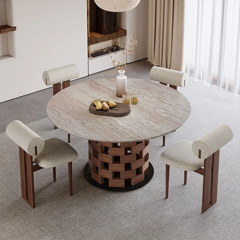 travertine round dining table and chairs apartment home living room retro light luxury marble creative solid wood dining table