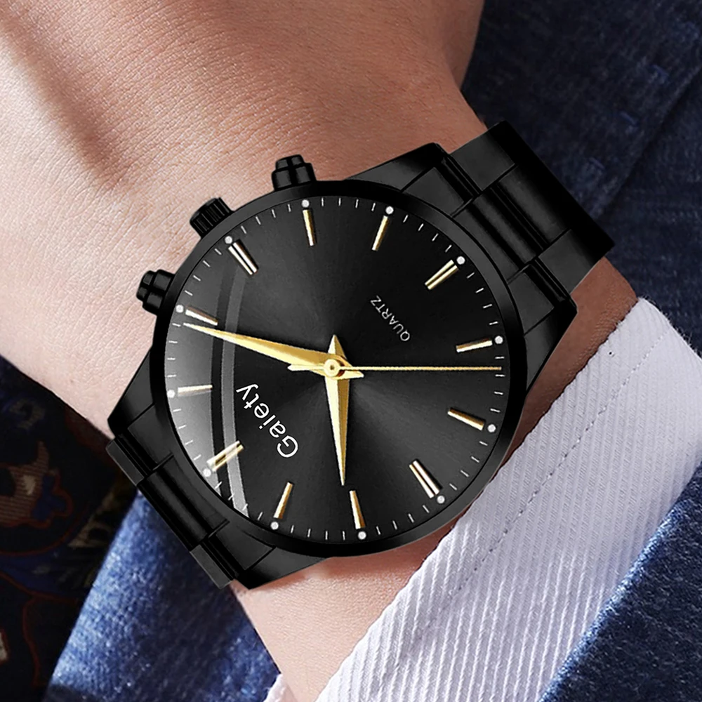 4PC الرجال السود الحد الأدنى مجموعة ساعات الأعمال العصرية خطوط مقياس جولة الهاتفي كوارتز ساعة سوار قلادة حلقة مجموعة هدية مثالية #4