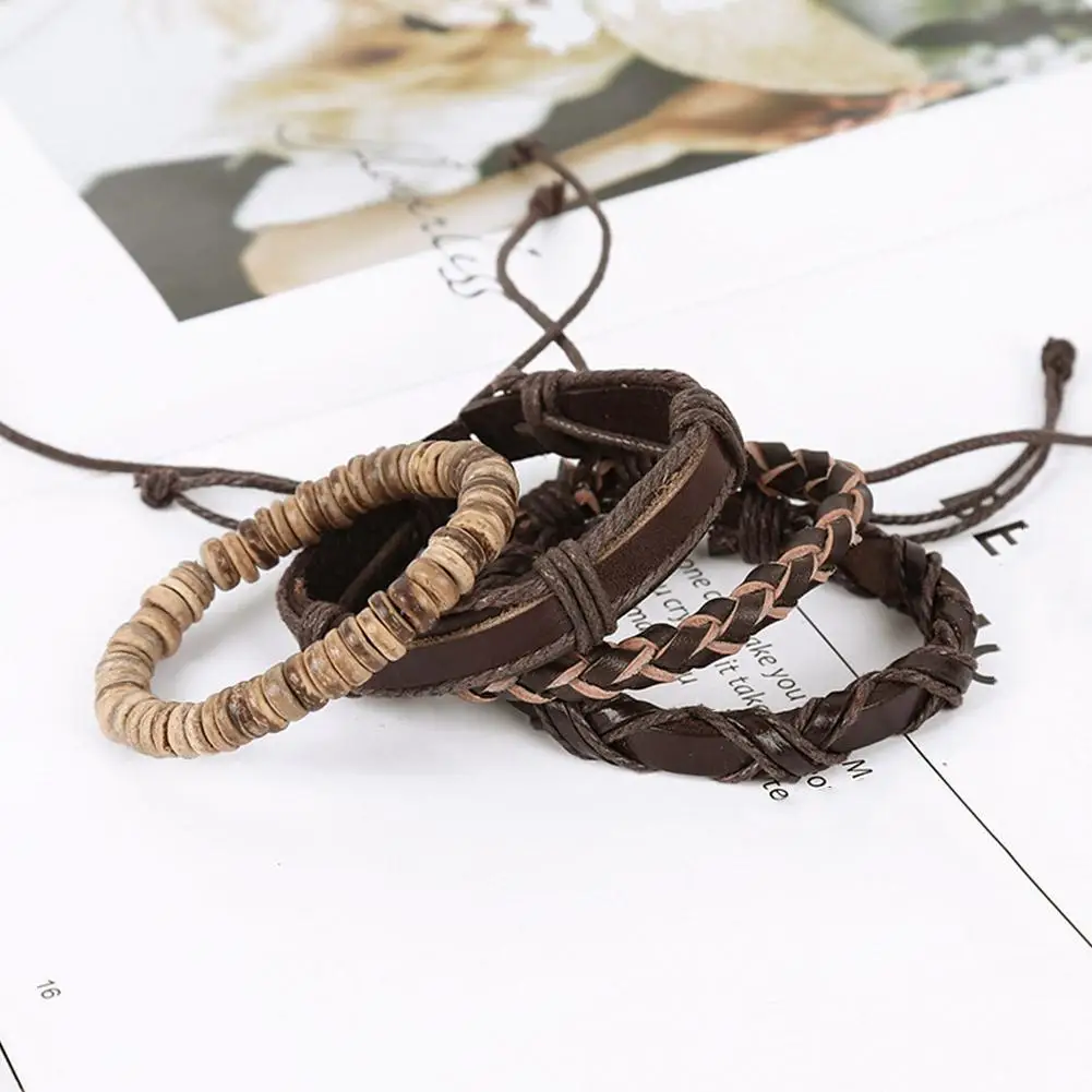 4Pcs/Set Boho Gypsy Hippie Punk Wooden Beige Coconut Wood Beads Brown Leather Cord Wrap Bracelets Set For Man