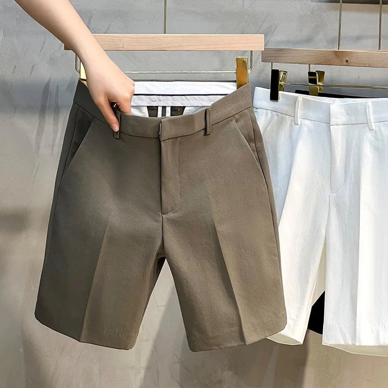 Men's Fashion Korean Style Slim Casual Shorts White Casual Mid-Length Pants Trendy Summer Thin Dress Pants