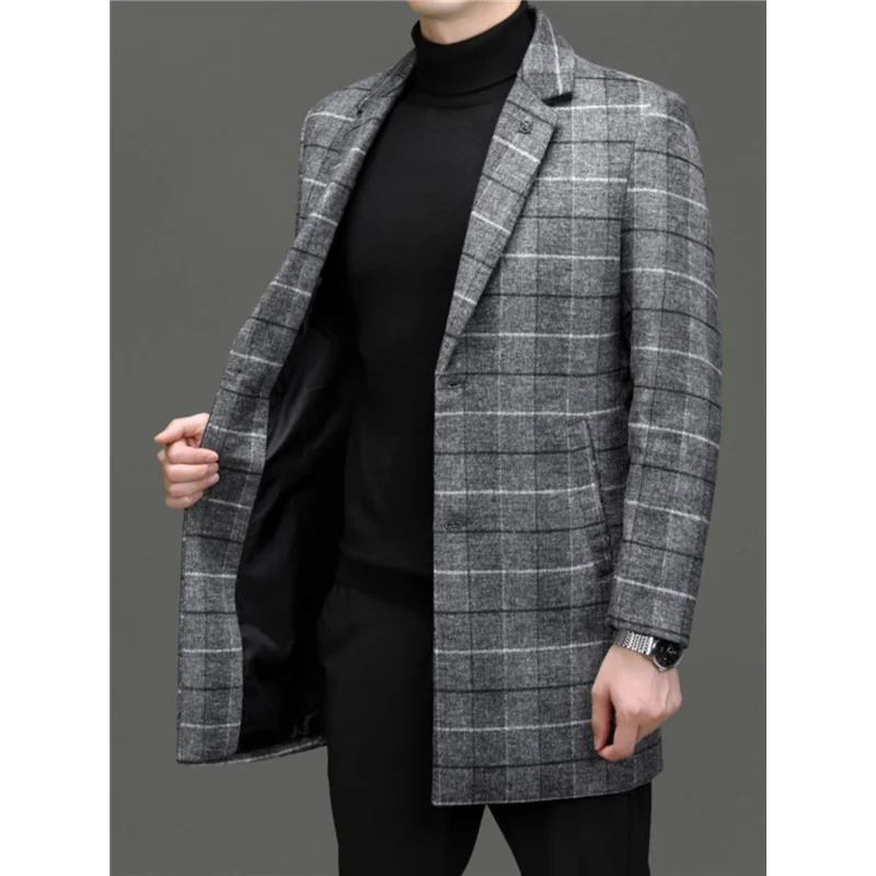 Men\'s Tweed Coat Spring Autumn Plaid Woolen Windbreaker Youth Mid-Length Casual Handsome High-End Jacket Male Model
