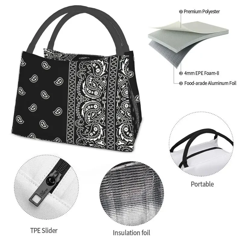 Black And White Paisley Chicano Bandana Style Insulated Lunch Bags for Black And White Thermal Cooler Lunch Tote Work Picnic