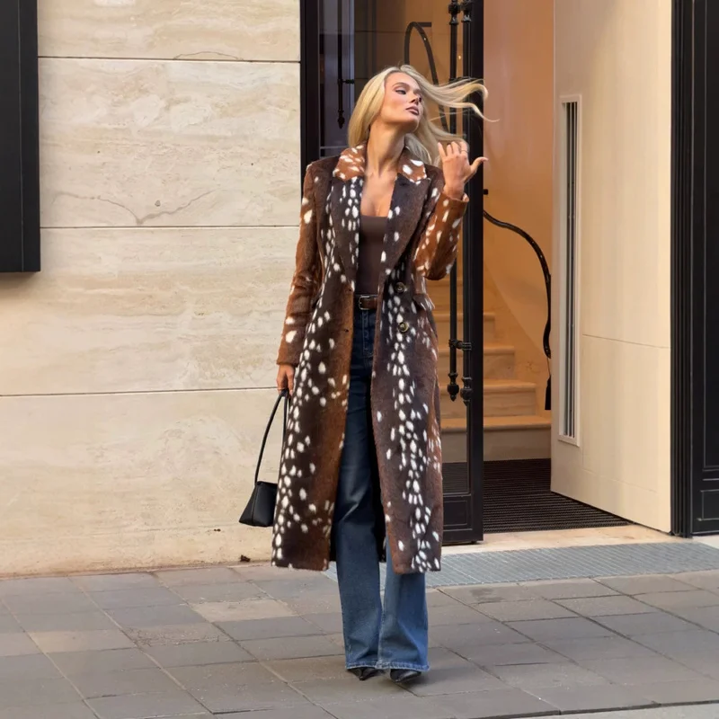 QICHE 2026 Womens Waist Defined Faux Fur Long Overcoat, Lapel Deer Spot Color Block Coat, Chic Warm Winter Outer Top