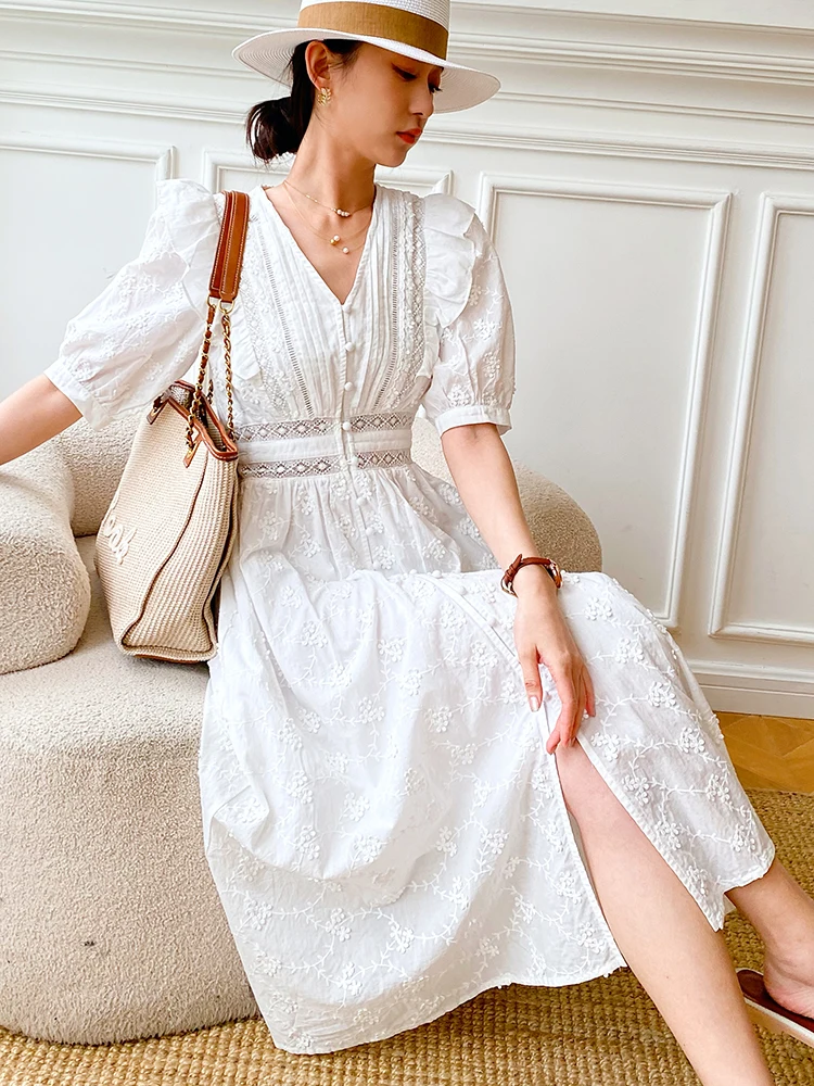 GypsyLady Elegant Chic Lace Midi Dress V-neck Cotton White Ruffles Hollow Out Summer Holiday Women Boho Vintage Ladies Dresses