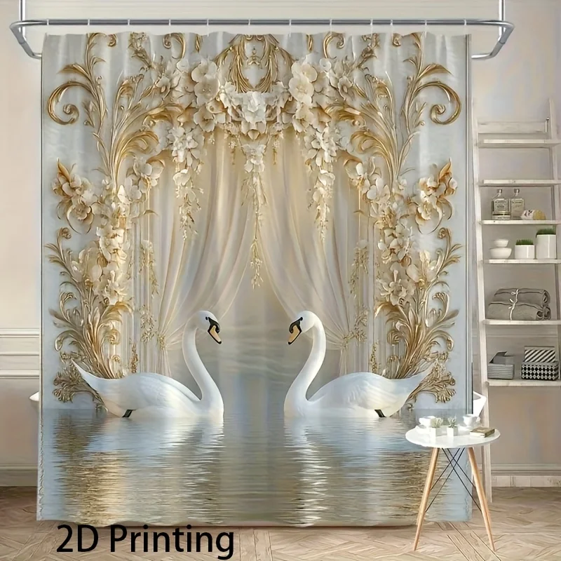 

Золотая, бежевая занавеска для душа в стиле барокко, две лебедки, полиэстер с принтом, можно стирать в машине, с крючками для домашнего декора ванной комнаты отеля