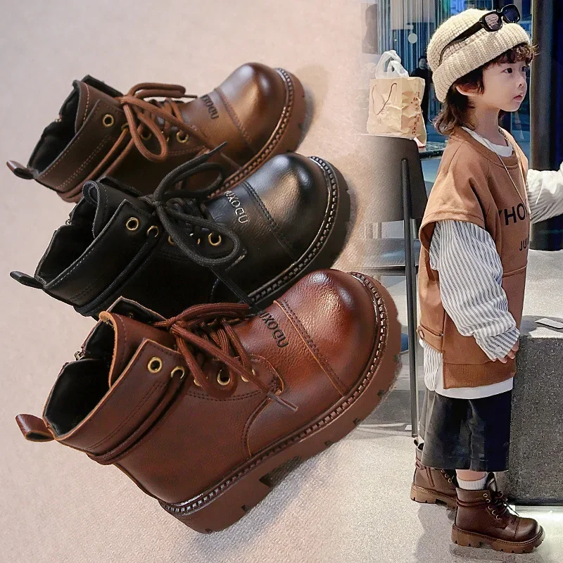 Autumn New Children's Short Boots Soft Sole Anti Slip Boys and Girls Leather Boots Fashion Retro Children's Casual Shoes