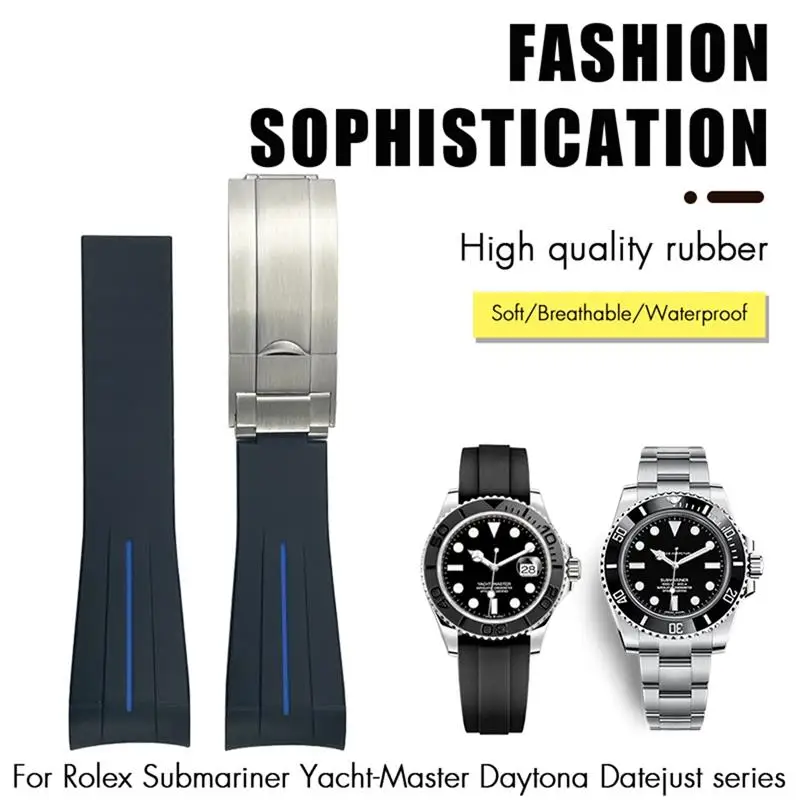 MAISITU 20mm 21mm Curved End Rubber Silicone Watchband For Rolex Submariner 20mm GMT Yacht-Master Daytona Deepsea Soft Strap