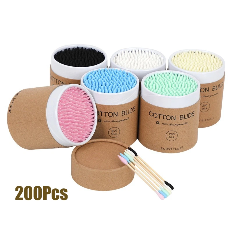 200Pcs Bamboo Cotton Swabs Wooden Sticks Organic Cotton Buds Round Tips Double Heads Baby Ear Sticks Cleaning Of Ears Cotonete