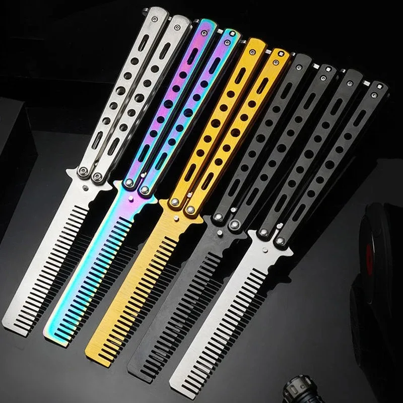 Stainless Steel Foldable Comb Portable Practice Training Butterfly Knife Balisong Comb Beard Moustache Brushe Salon Hairdressing