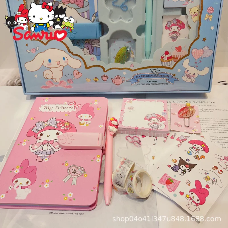 Sanrio Melody Kuromi Cinnamoroll Handbook Set Cute Girly Heart Stationery Set Guka Sticker Password Notepad Gift Box 30.5*23.2cm