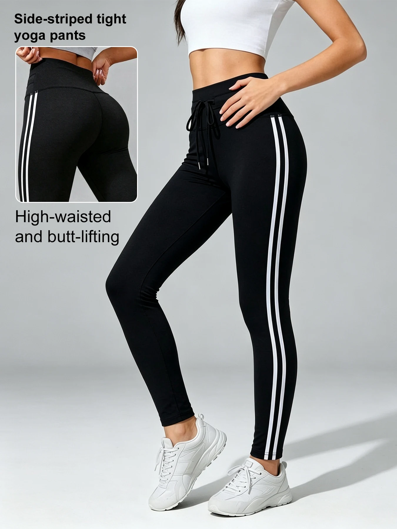Women's High-Waisted Yoga Leggings with Side Stripes - Athletic Black Running Cycling Casual Pants for outdoor running Fitness