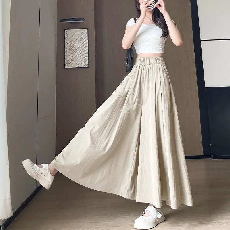 High Waist Ice Silk Quick Dry A-Line Skirt Pants Women's Summer New Style Commute Style Korean Version Loose Fit Casual Pants