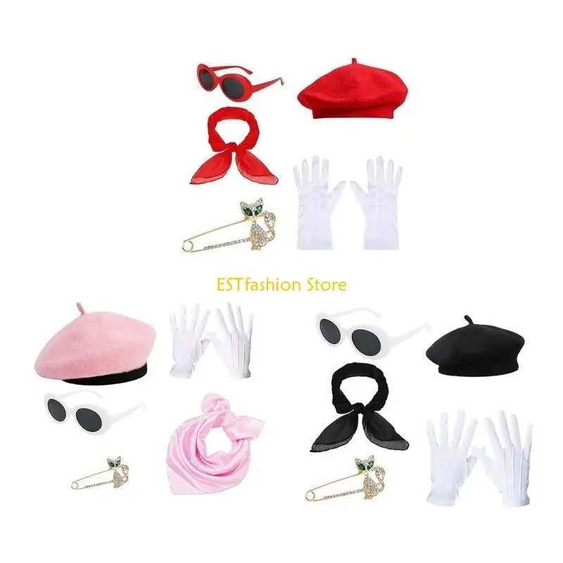 Y5gc conjunto fantasia francesa anos 80, boina feminina francesa, acessórios fantasia, óculos ovais, cachecol e