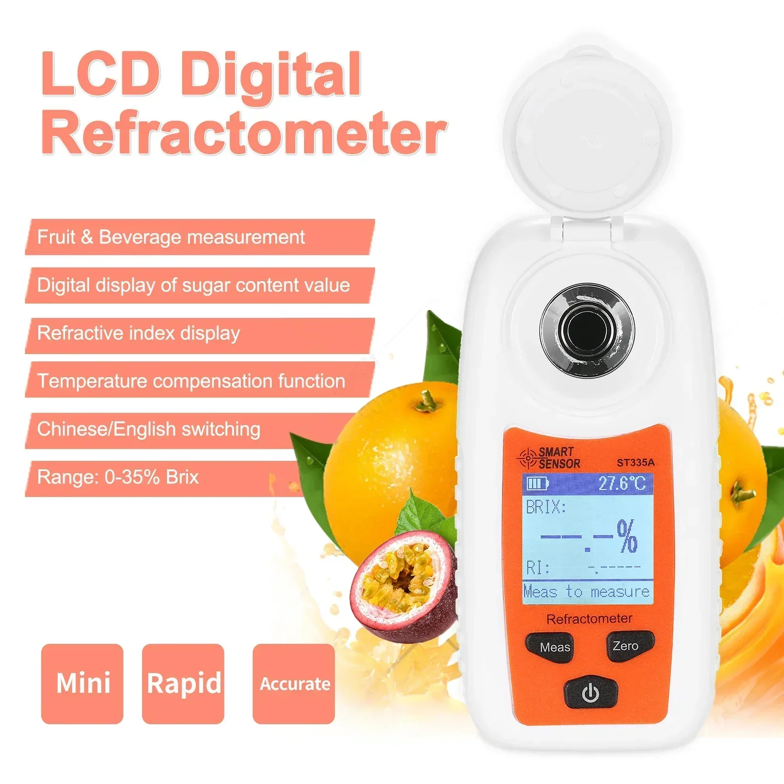 SMART SENSOR ST335A LCD Digital Refractometer Handheld Honey Refractometer ATC Sugar Percent Tester 0-35% Brix Sugar Detector