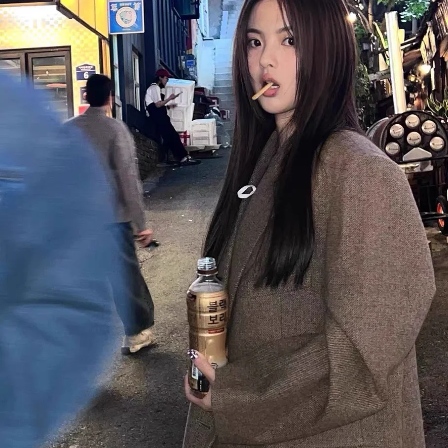 Loose Wide Lapel Woolen Suit Jaet Classic Vintage Yang Beihai Instant Faion Commute Sle Long Sve Mid-Length Coat