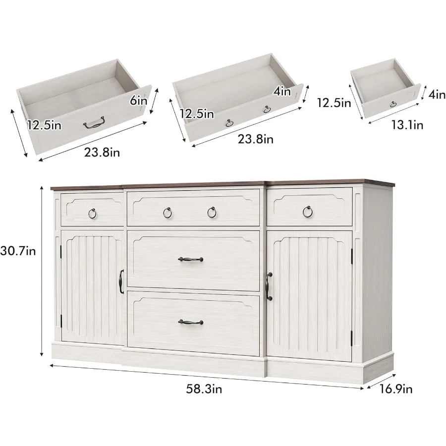 خزانة بوفيه مع مساحة تخزين مقاس 58 بوصة، بوفيه جانبي كبير مع 5 أدراج وبابين، أرفف قابلة للتعديل، قهوة خشبية للمزرعة