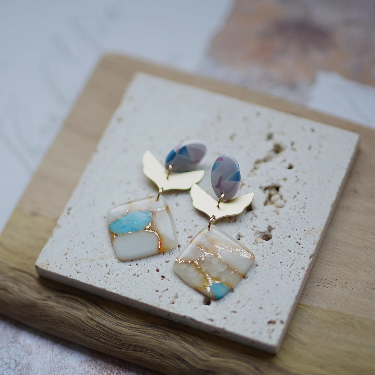 Spring Summer Women\'s Fashion Trendy Marble Enamel Square Dangle Earrings Handmade Polymer Clay with Brass Metal for Accessories