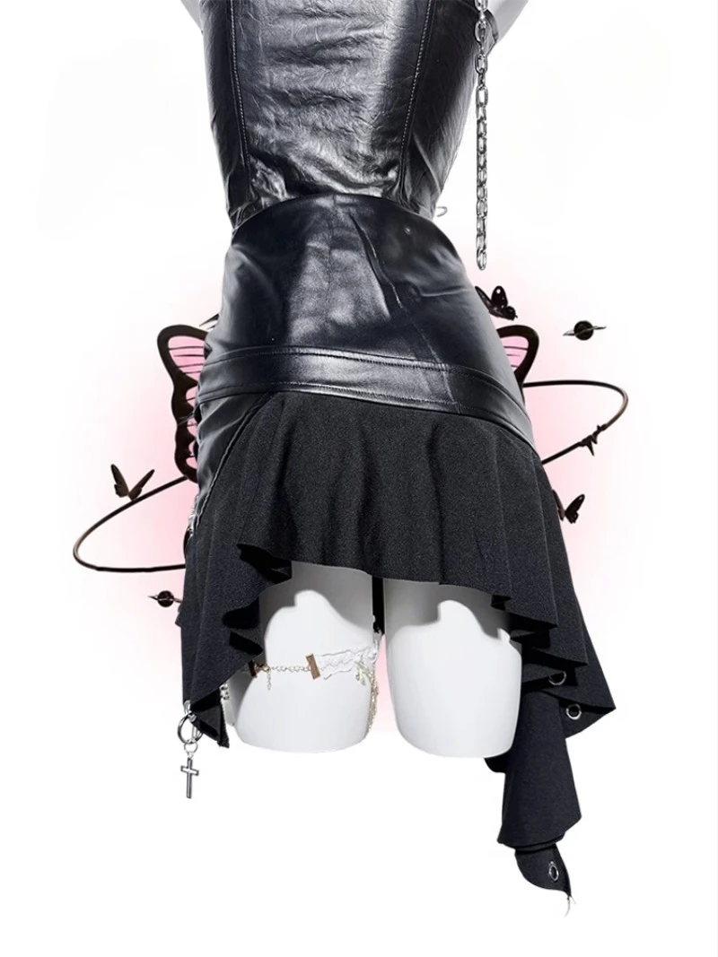 Japanese Original Design Niche Punk Asymmetric Leather Skirt Metal Yarn Rock Accessories Pendant Asymmetric Skirt For Women