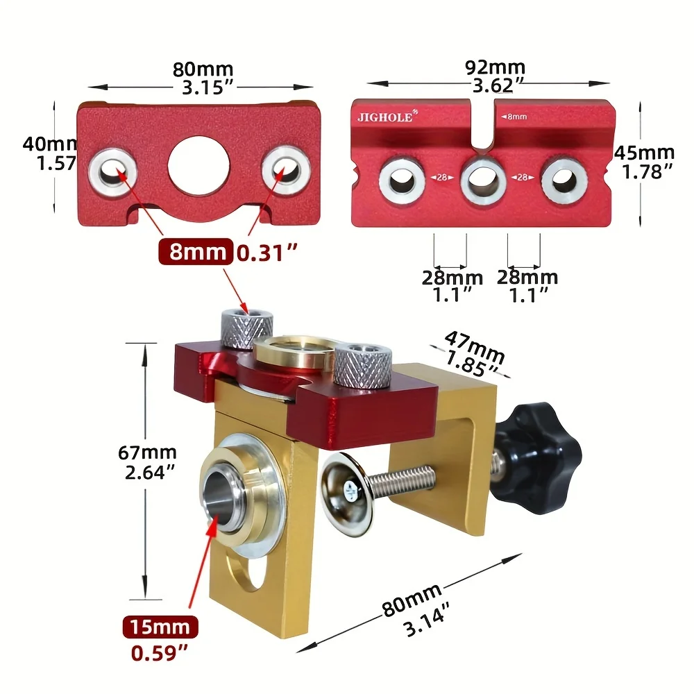 3 In 1 Dowel Jig Aluminum Alloy Pocket Hole Jig 8/10/15mm Drill Guide Locator for Wood Board Splicing Woodworking Tool