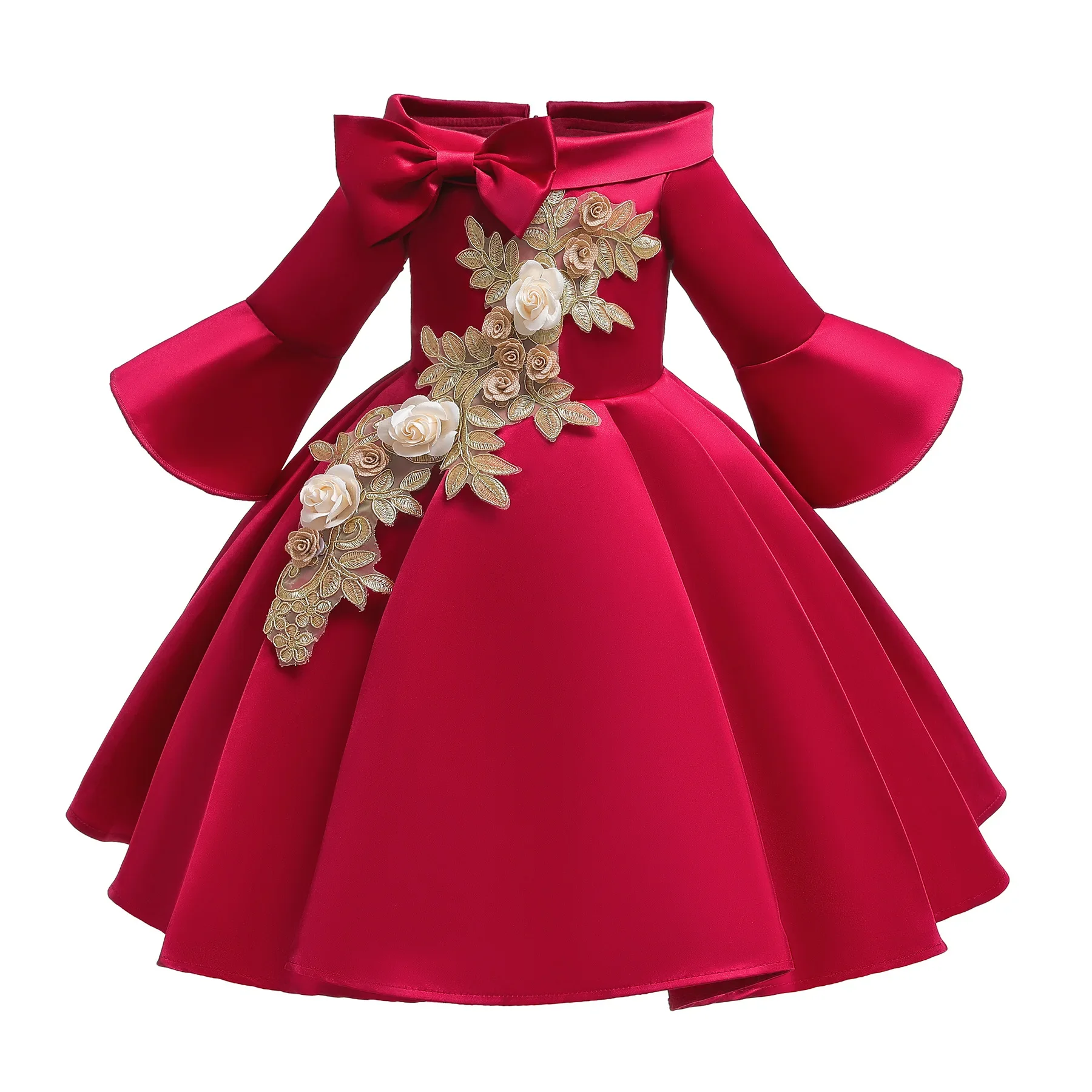 

Long Sleeve Red Satin Halloween Costume For kids Flower One Piece Gown Girls Birthday Party Dresses Holiday Autumn Frocks 2-10Y