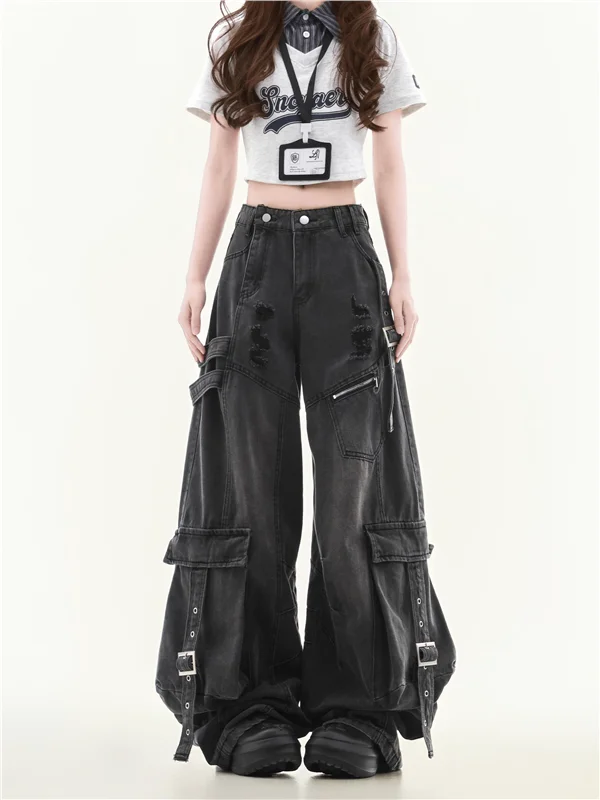 Celana Jeans Kerja Wanita Model American Sle Heavy Du Belted, Celana Kaki Lebar Musim Semi Gugur, Desain Sobek Bergaya Kasual