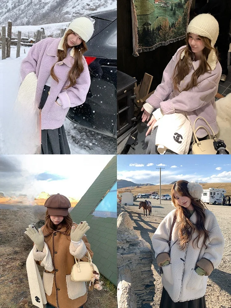 

Miaolab Thiened Double-Sided Wear Sweet Cool Lamb Fur Cosite Suede Women's Winter Jaet Straight Cut Long Sve Coat