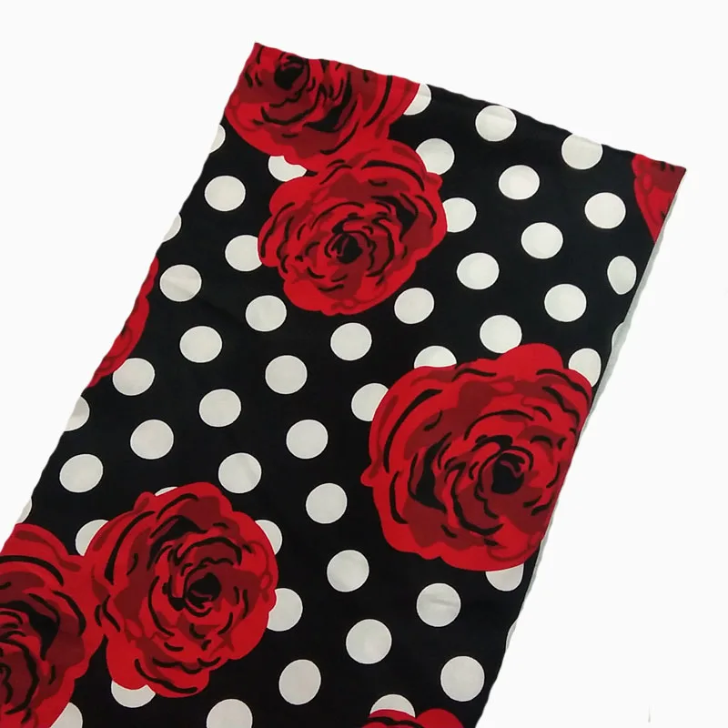 Amazing Big Black White Polka Dot & Red Blooming Rose Flower Printed Cotton Spandex Stretchable Elastic Floral Fabric 50x120cm