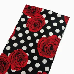 Amazing Big Black White Polka Dot & Red Blooming Rose Flower Printed Cotton Spandex Stretchable Elastic Floral Fabric 50x120cm
