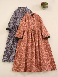 Japanese Sweet Mori Girl Vintage Floral Print Thicken Fleece Dress Women Autumn Winter Turn Down Collar Long Sleeve Casual Dress