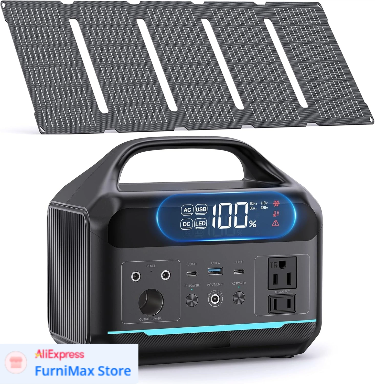 

Portable Power Station 300W with 30W Solar Panel 192Wh(60000mAh) LiFePO4 Battery Power Bank 8-Port Design w/2 AC Outlets forHome