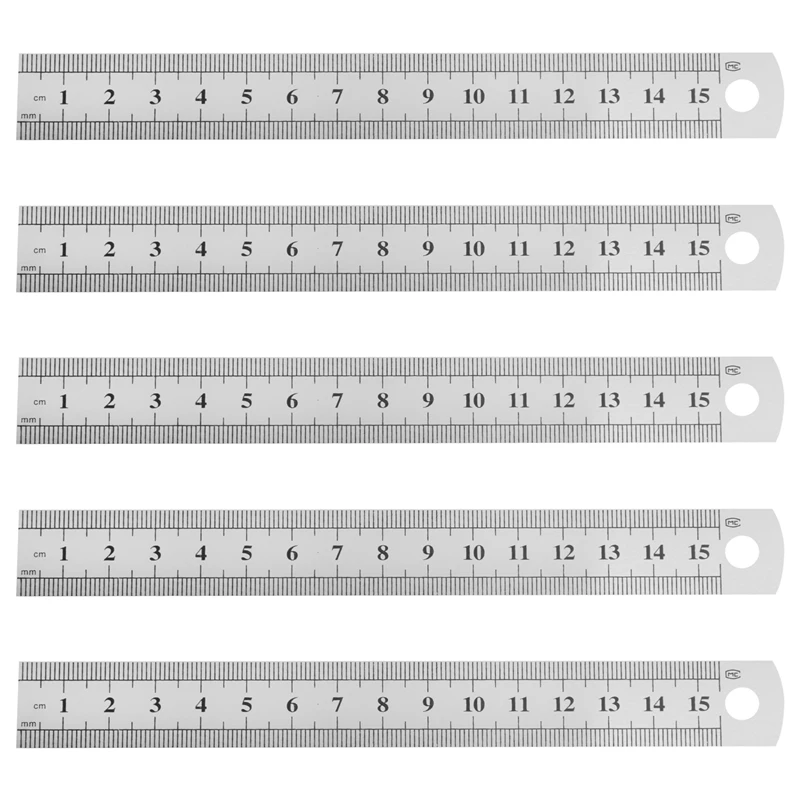 5 قطع مزدوجة الجانب مميزة 15 سم 6 بوصة مسطرة مستقيمة من الفولاذ المقاوم للصدأ