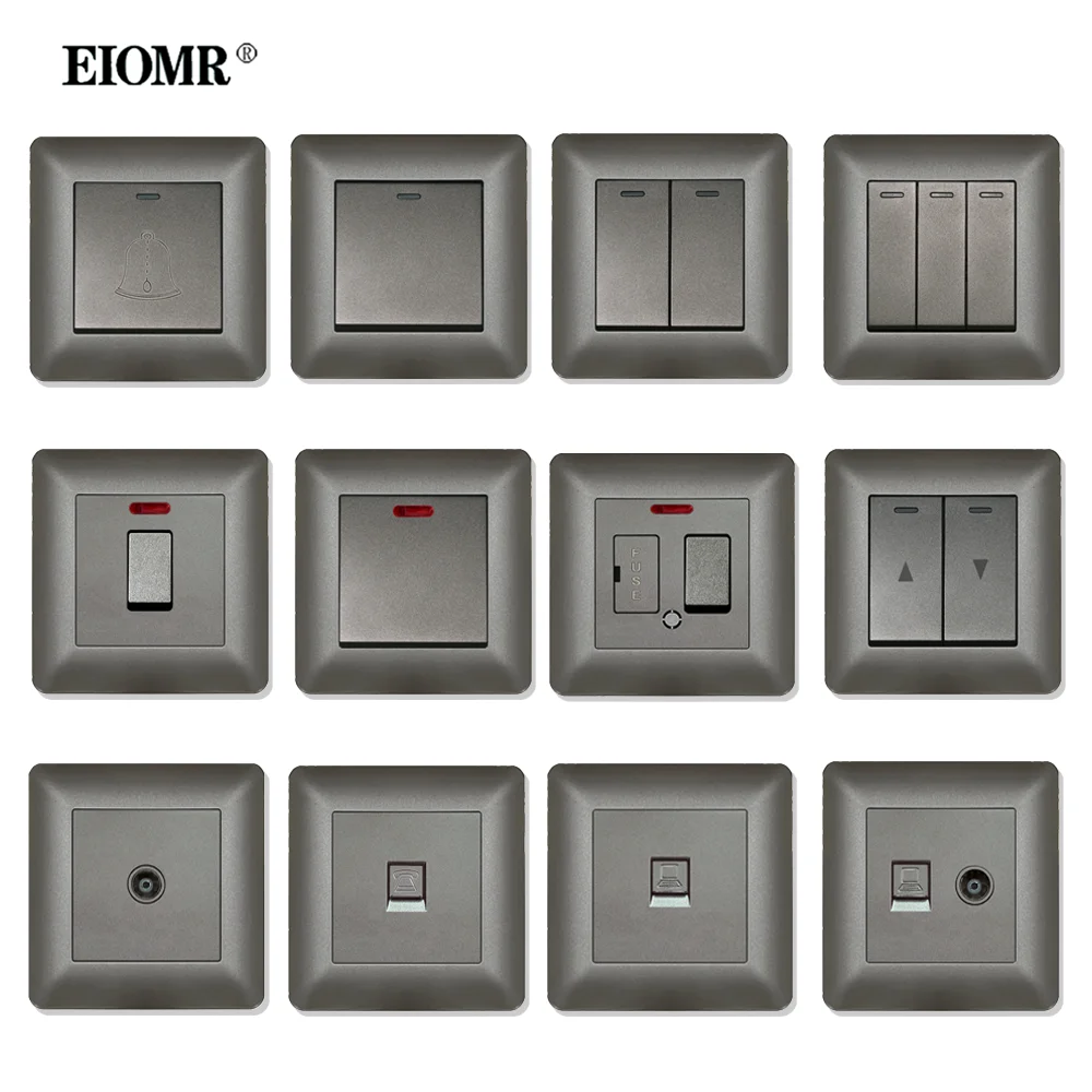 EIOMR EU UK Standard Wall Switch Home Appliance Sockets Grey Arc Border Panel 86*86mm Doorbell Telephone Computer Cat6 Interface