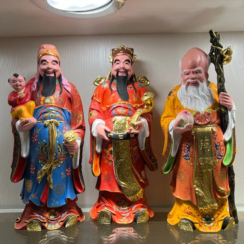 Hand-Carved Hinoki Wood Fu Lu Shou Statues - 11.8