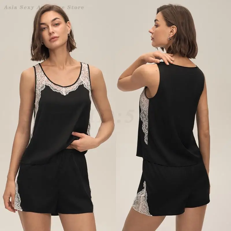 

Sexy Lace Patchwork Female Suspender Pajamas Set Lingerie Summer New Silky Satin Sleepwear Top&Shorts Pyjama Suit Loose Homewear