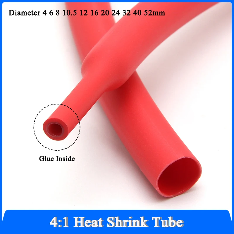 1- 50M Red 4:1 With Glue Heat Shrink Tube Dia 4 6 8 12 16 20 24 32 40 52mm Adhesive Lined Wrap Dual Wall Tubing Wire Protector