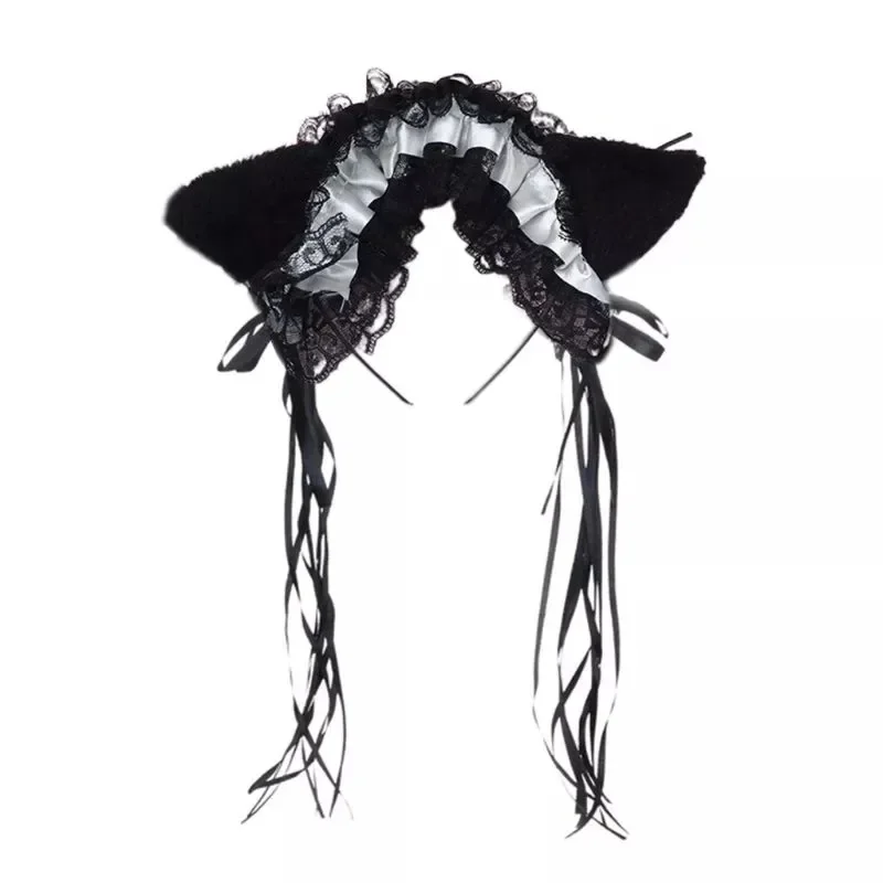 Gothic Lolita Maid Women Girl\'s Ruffles Lace Headband Plush Cat Ears Ribbon Bell Lolita Cosplay Hair Hoop