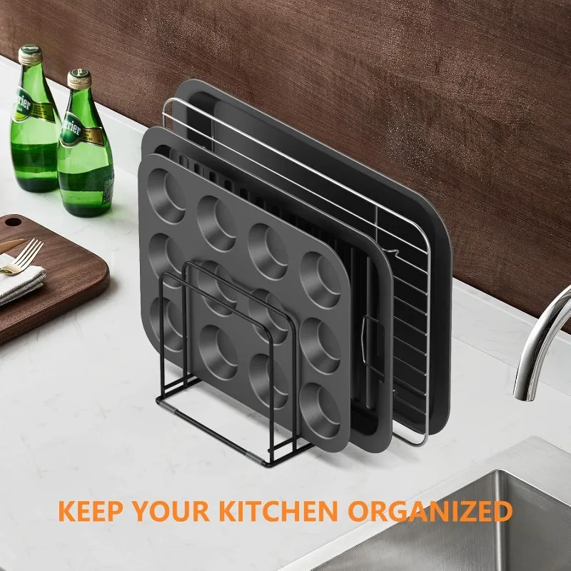 

Kitchen Cabinet Organizer, Steel Cookware Holder, Divided Holder with 5 Slots for Skillets Baking Tray and Chopping Board Rack