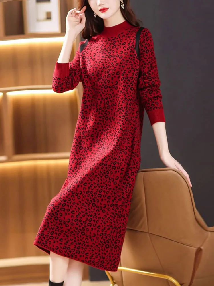 Vestido vermelho de malha de bolinhas feminino, pulôver grosso e quente, elegante vestido casual solto, moda coreana, outono, inverno, 2024