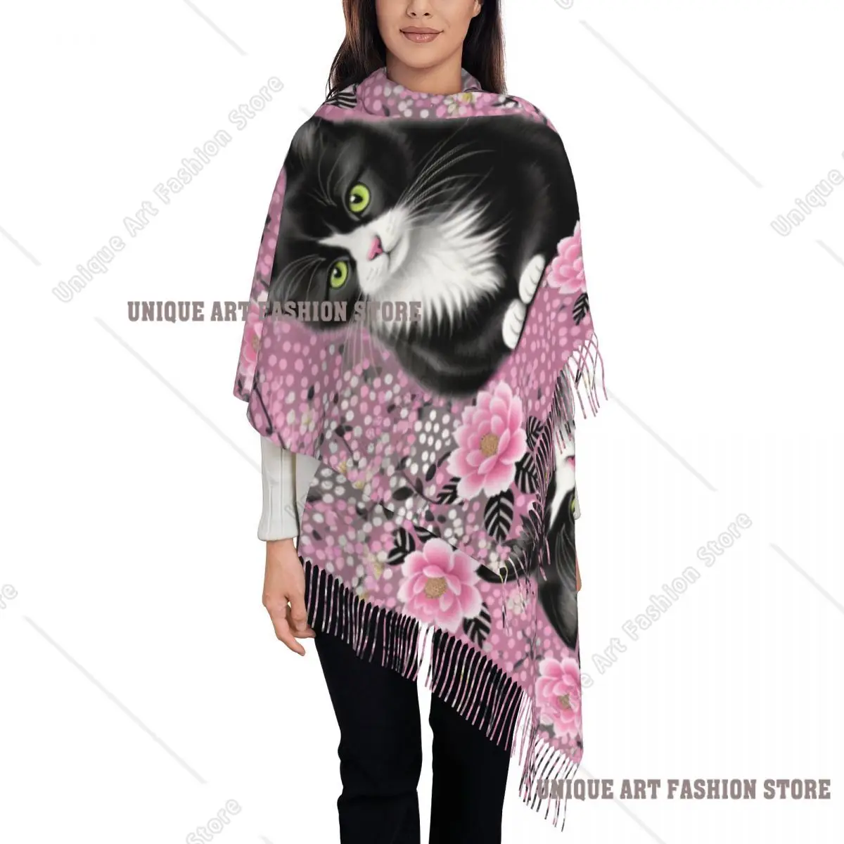 Senhoras personalizadas grande bonito criativo gato cachecóis feminino inverno outono grosso quente borla xale envolve cachecol