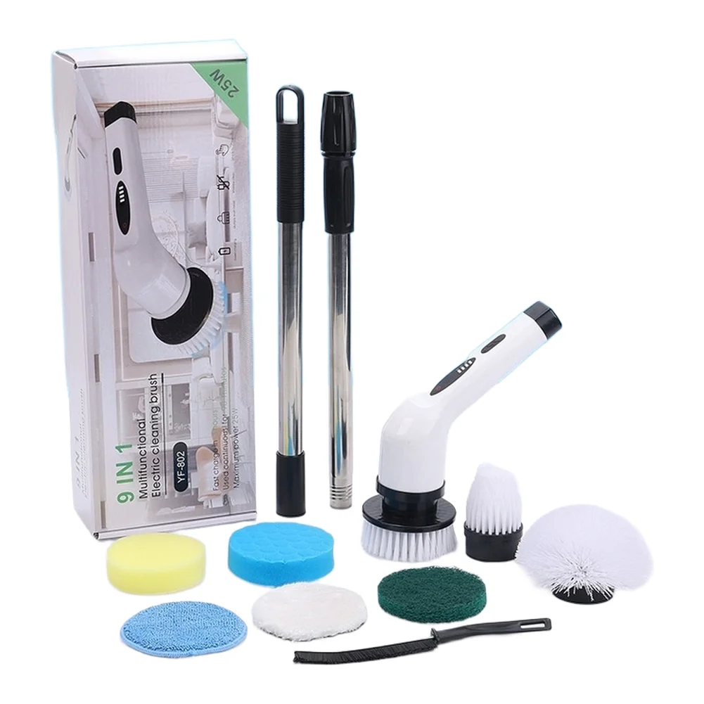 Multi-Use Cordless Electric Cleaning Brush Featuring 9 Brush Heads 3 Speed Settings and Compact Vertical Storage Capability