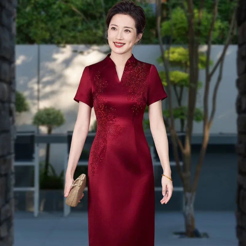 Mid-length summer dress, short sleeve, satin, Chinese style cheongsam, wedding, mother of the bride, evening dress