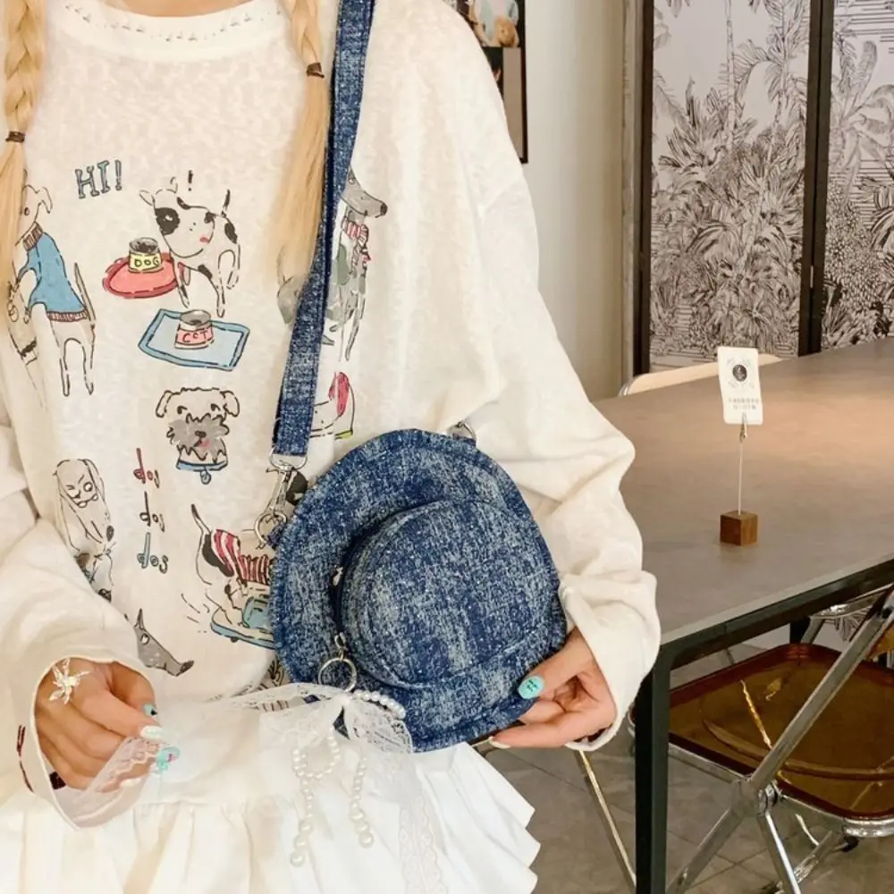 

Portable Vintage Denim Hat Crossbody Bag Bow Solid Color Denim Canvas Bag Handbag Large Capacity Jeans Shoulder Bag Streetwear