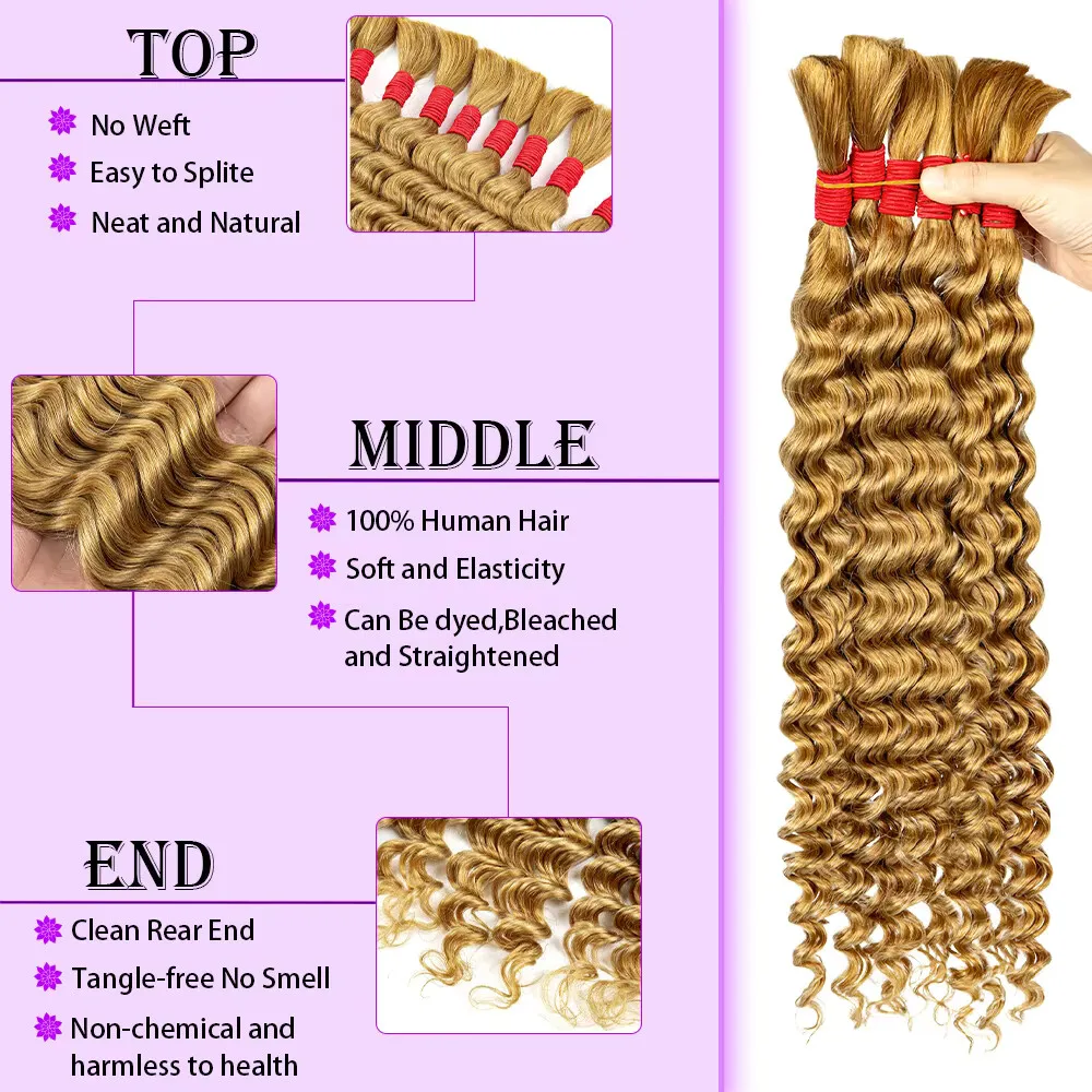 #27 Blonde Human Braiding Hair For Boho Braids Deep Wave Crochet Human Hair Braiding Hair Knotless Micro Bohemian Braiding