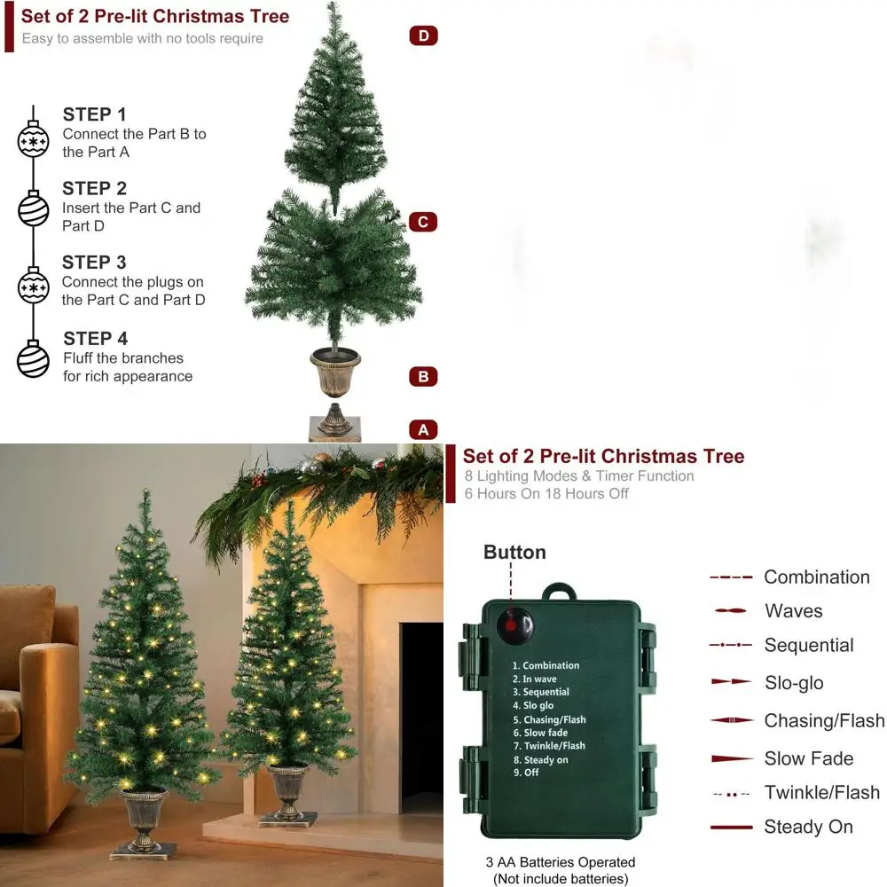 

Battery-Powered 4-Foot Artificial Urn Christmas Trees with 8 Lighting Modes and Timer for Indoor/Outdoor Use