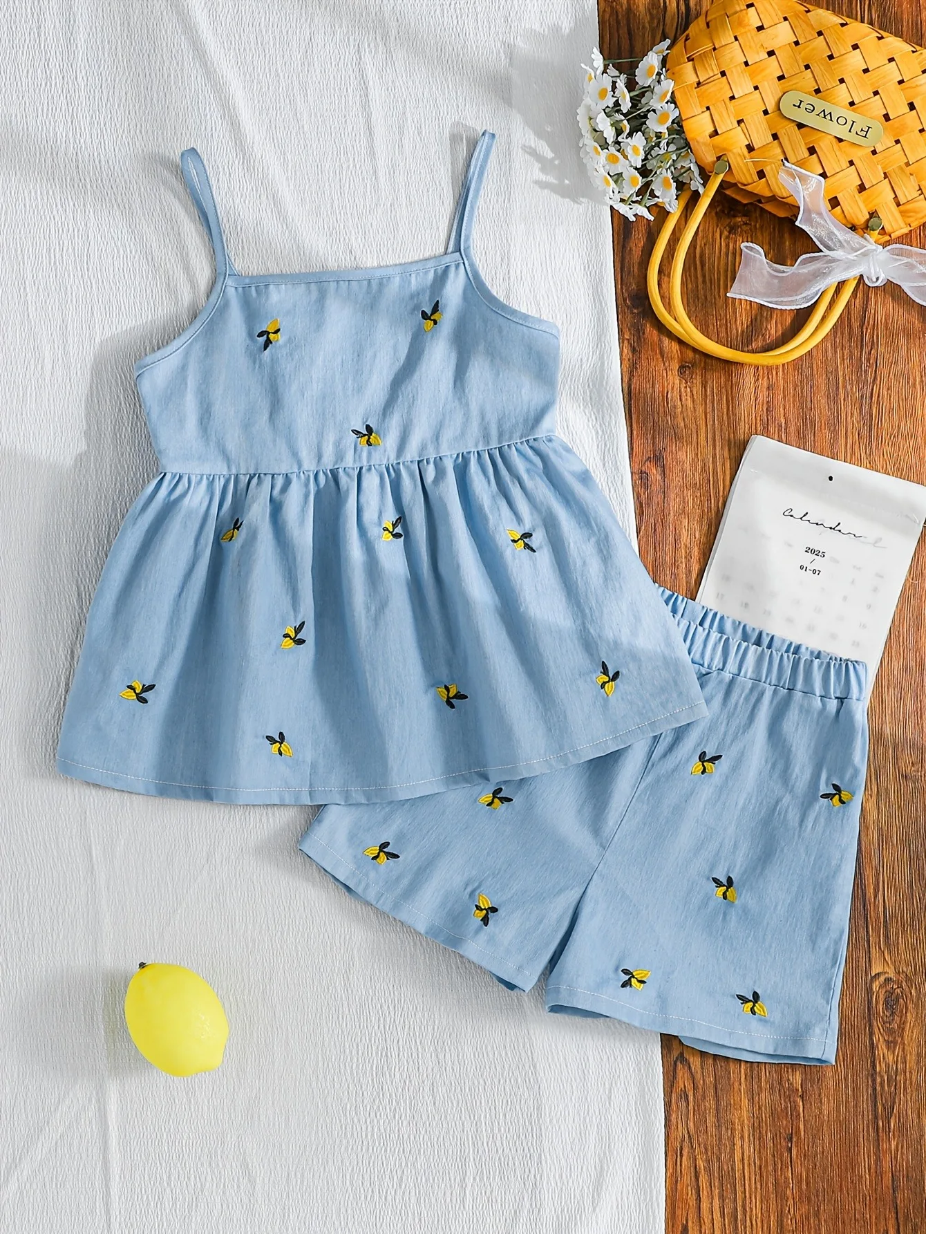 Little Girls 2-Piece Summer Outfit, Light Blue Denim Spaghetti Strap Peplum Top With Bee Embroidery & Elastic Waist Bee Print Ca