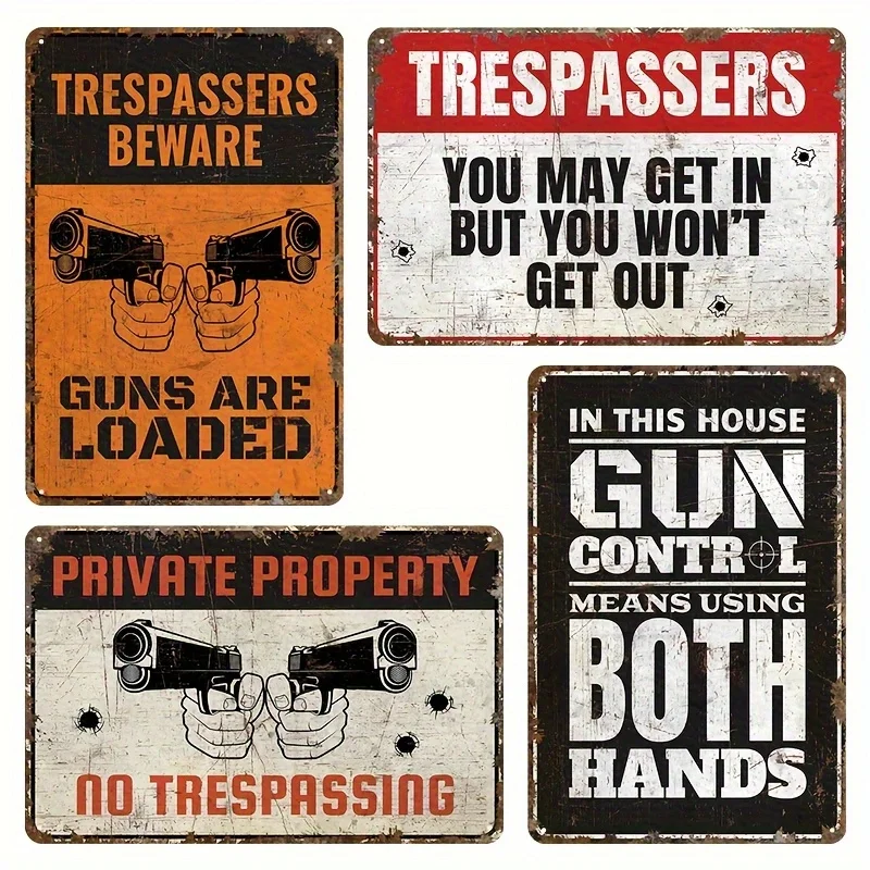 4pcs Vintage Metal No Trespassing Warning Signs Suitable For Garages, For Man Caves, Cabin Fences - Gun Quotes & Bold Lettering