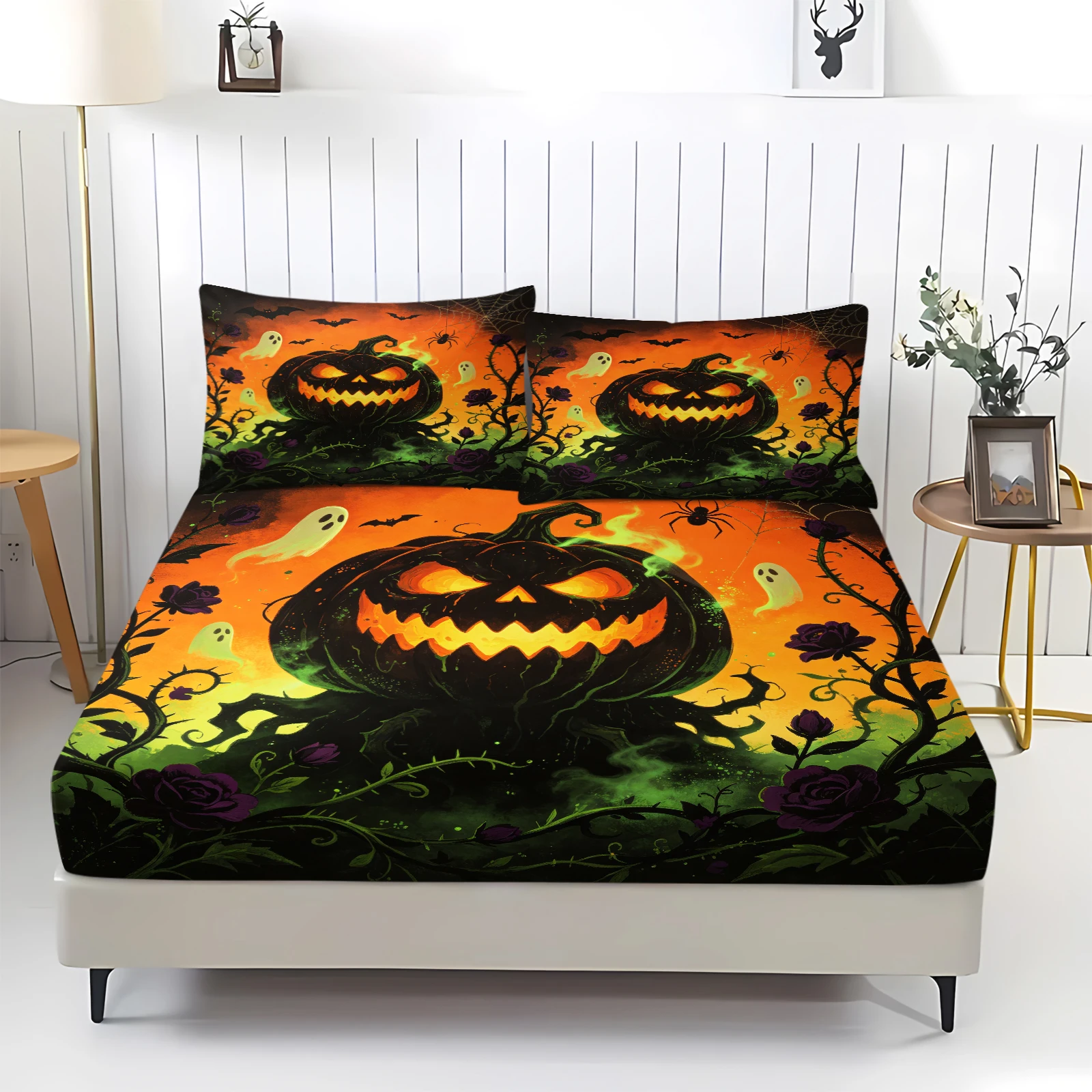 Scary Pumpkin Face Halloween Fitted Bed Sheet Set Gothic Dark Rose Ghost Spider Pattern Polyester Elastic Mattress Protector