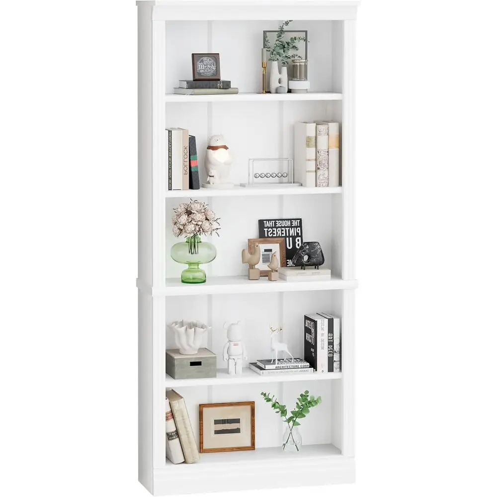 

5-Tier White Wooden Bookcase with Tall Floor Standing Storage Shelves for Home and Office Decor