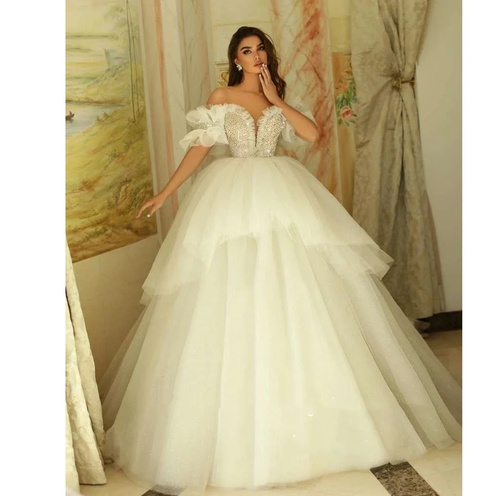 Gaun pengantin tulle putih elegan gaun pengantin panjang menyentuh lantai leher V kristal kamisol mutiara gaun pengantin wanita